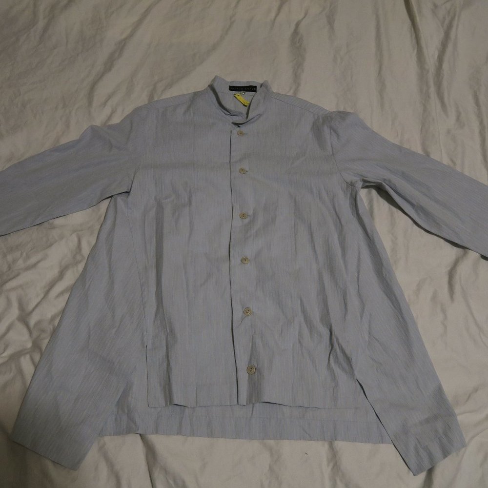 Shirin Guild Button Shirt Striped Blue Cream Boxy Swing Lagenlook Cotton Medium